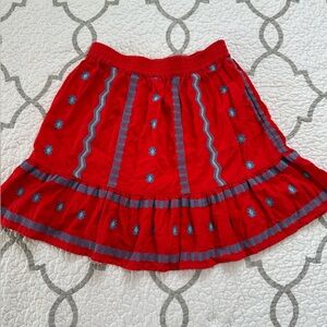 LOFT Red & Blue Embroidered Southwestern Print Ruffle Hem Linen Mini Skirt